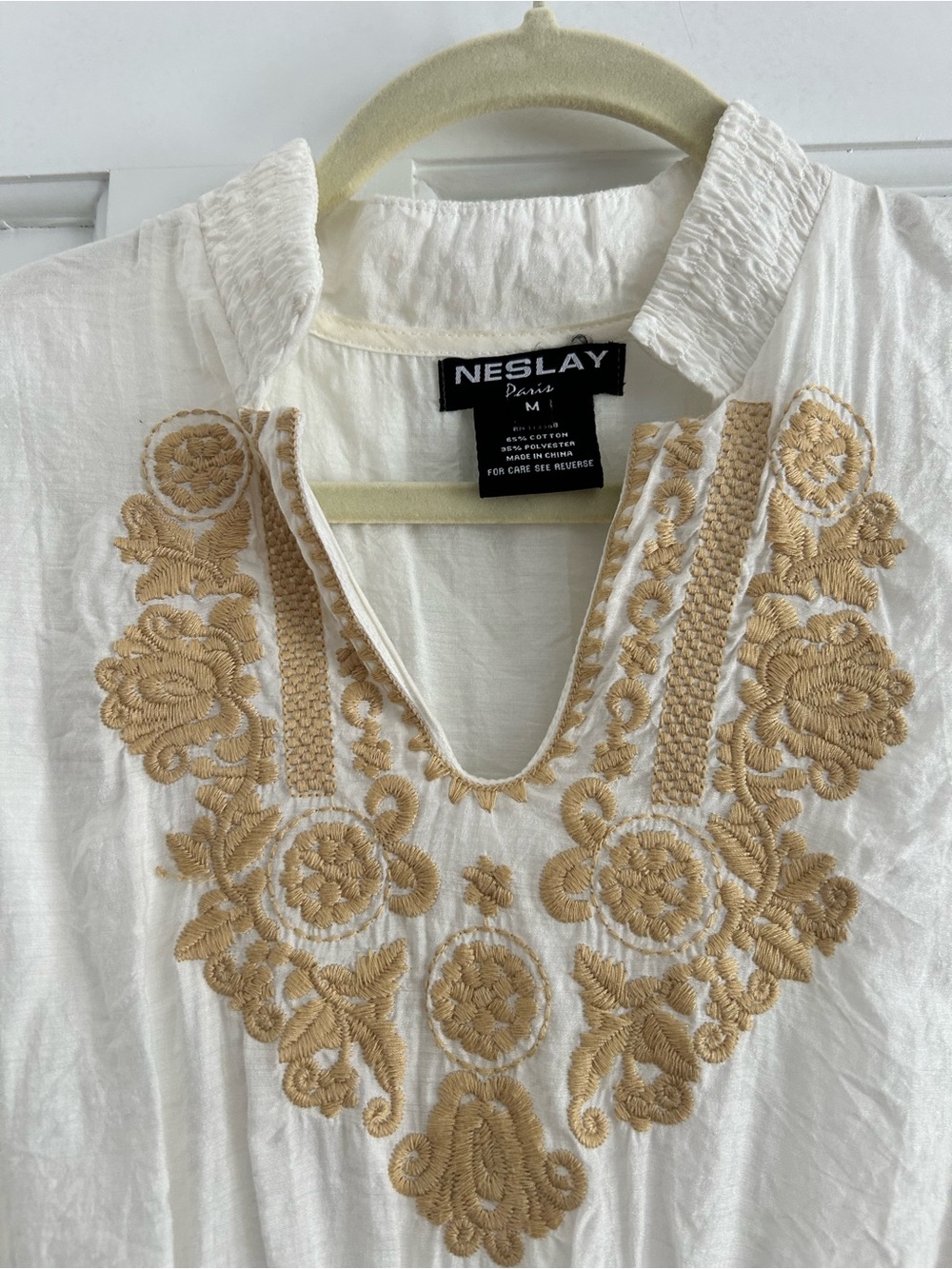 Neslay White Tunic with Tan Floral Embroidery